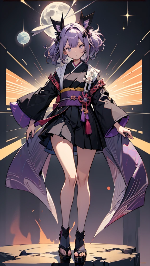 skinny girl, ultra high definition, very detailed, shuriken, shot, two tone hair (light purple, black), bundled hair, whole body, traditional Japanese outfit, short skirt, 23 years old, forest background