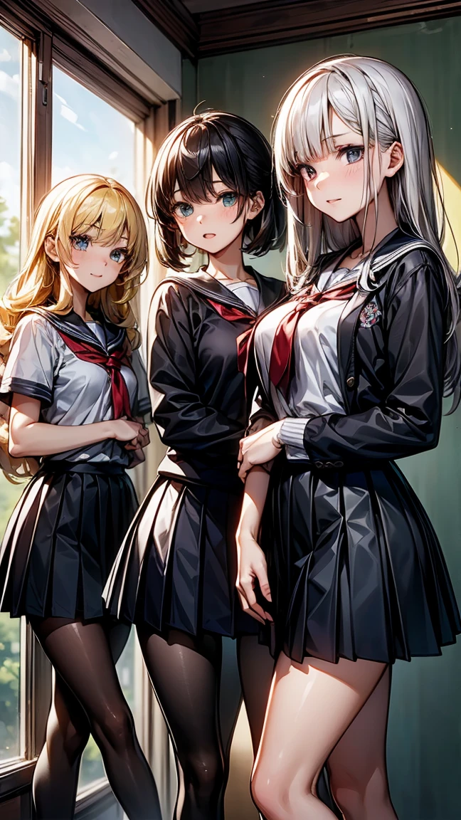 "Three  girls. The first has long yellow hair and green eyes.. The second has white Bob hair and blue eyes. The third has long red hair and red eyes.. The three are standing, wearing school uniforms. The background is a high school."