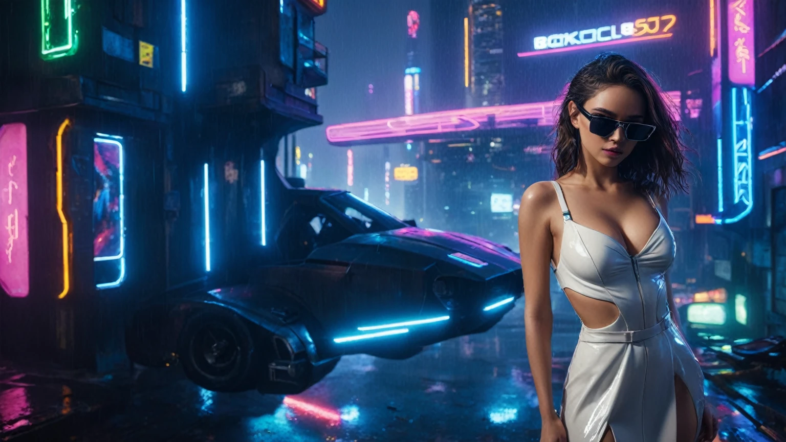 (aerial view, a flying cars docking platform, a very dark abandoned futuristic city, neon lights), rainy night. 1girl, solo, alone, large-breast:1.2 slim body, cleavage:1.1, sexy wind blowing wet dress:1.4, (headphone, black sunglasses), (((((she raised:1.8 a pistol:1.8 and took aim at viewer))))), dynamic pose, (((half-body thigh level medium shot))), cinematic lighting, lens flare, ray tracing.