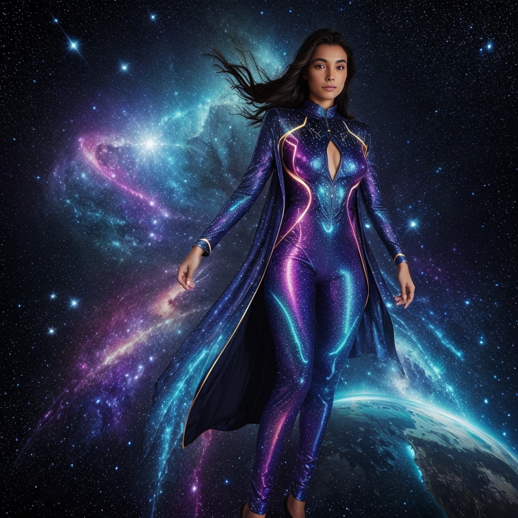 Inspired by cosmic entities, this suit shimmers with galaxy patterns and emits soft glowing light. It grants the wearer celestial powers like energy manipulation and flight.