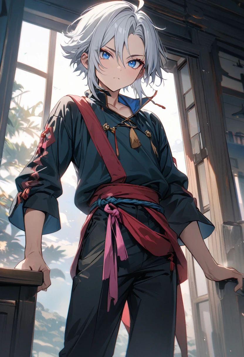 1 male, short hair, white hair, blue eyes, young teenager, xiao outfit, (best quality,4k,highres,masterpiece:1.2)