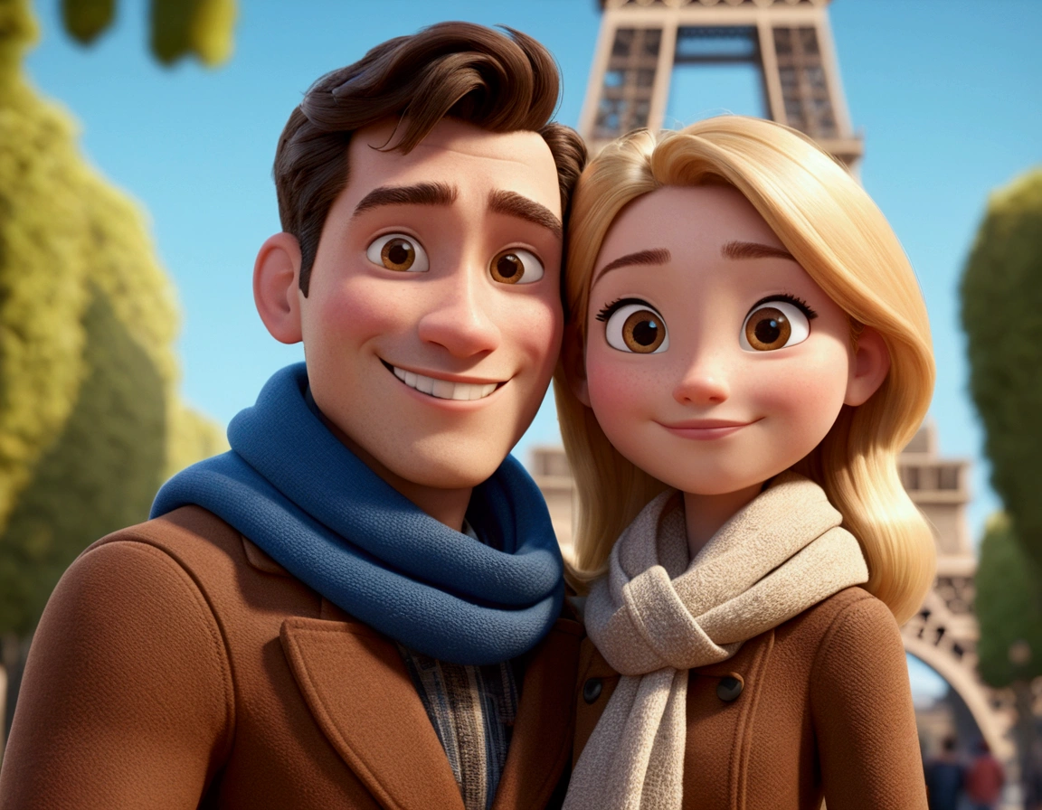 Cartoon character of a tall man 29 years old, smiling in brown coat animation character, hugging woman with long blonde hair and small stature, smiling in brown coat and scarf, in front of the Arc de Triomphe in Paris. stylized character, animation style rendering, 3d stylized, Arnold Maya rendering, Stylized 3D rendering, toon render screenshot, 3d character, 3d character, Stylized 3D rendering, 3D character rendering, cartoon character, Personagem de close up, showing half body, photo orientation horizontally (Pixar-style) (master part:1.2) (bokeh) (best qualityer) (skin detailed) (detailed texture) (8k) (Argilla) (cinematic lighting) (sharp focus