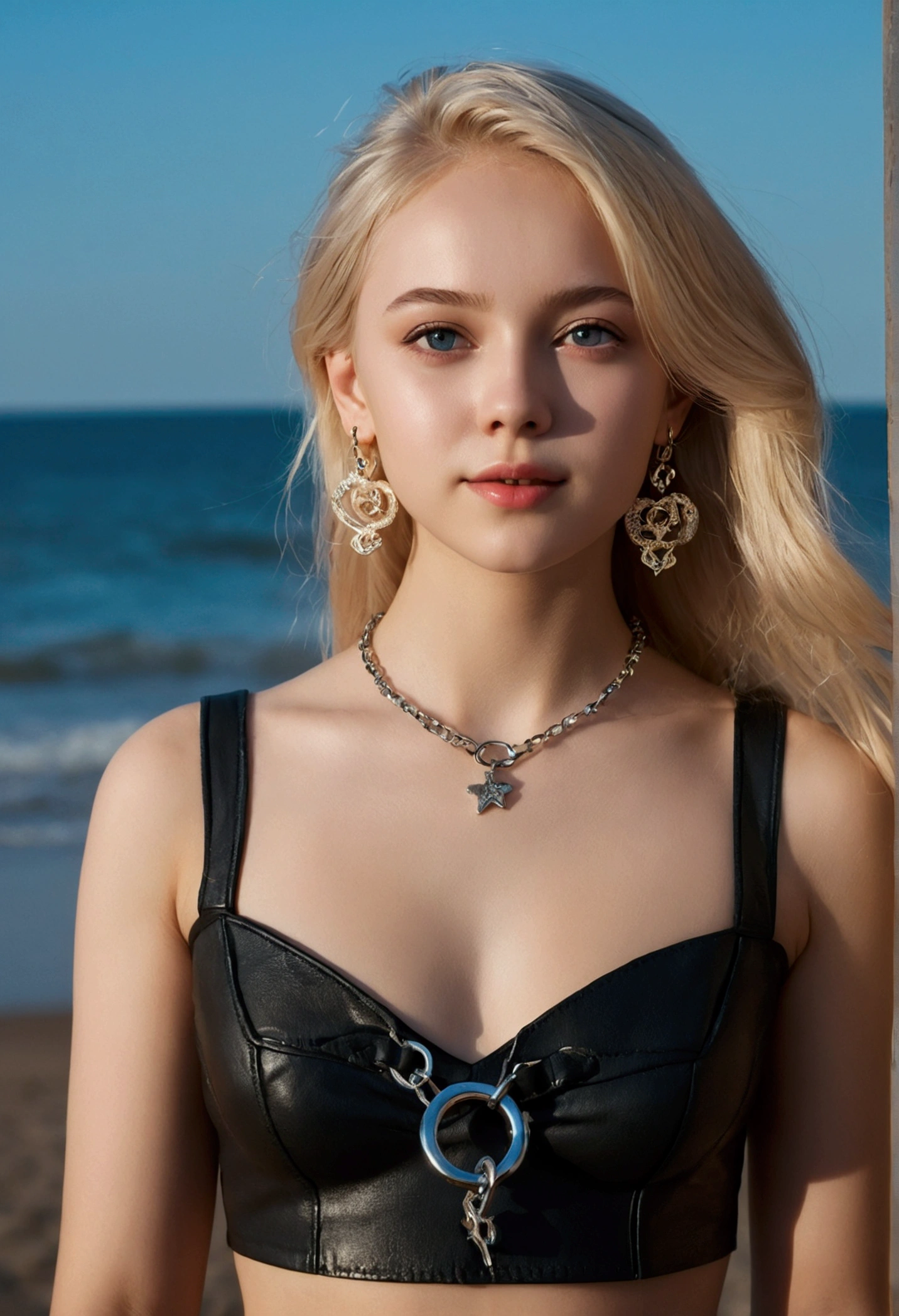 8 K, masterpiece, Raw photo, Best quality, detailing: 1.2), Photorealism, Extremely detailed 8K unified computer wallpaper, depth of field, cinematic light, glare, Ray tracing, (Insanely beautiful face, beautiful lips, beautiful eyes), Intricate detailed face, ((Ultra detailed leather)) Blonde , in dark colors, short blond hair, deep shadow, Cute Russian girl, K-POP Idol, (Very slim and lean athletic body.:1.3), ((Watch viewing)) , (Broad smile), (nude body), ​​(high heels), (no panties), ((Full length photo standing.)) (Full length photo while walking), (инъекционный bracelet), (beach background with sea), (neon lights), (evening), Cute Russian girl, earrings, bracelet, shackles, light eyes, walk, (pale skin), thinking about the future, (big eyes), nsf, Completely nude