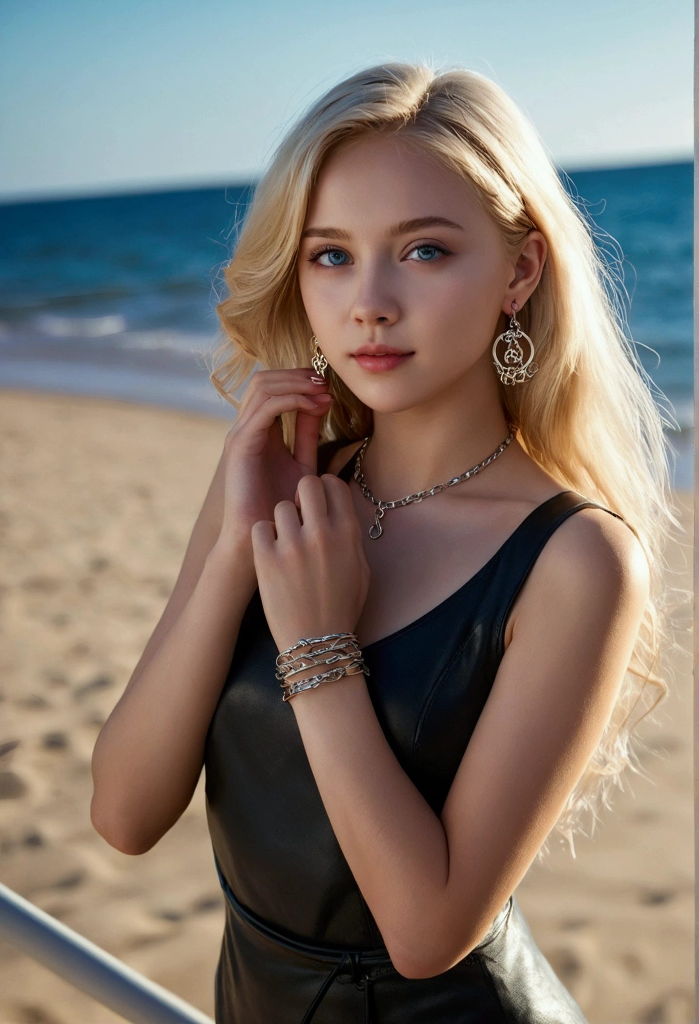 8 K, masterpiece, Raw photo, Best quality, detailing: 1.2), Photorealism, Extremely detailed 8K unified computer wallpaper, depth of field, cinematic light, glare, Ray tracing, (Insanely beautiful face, beautiful lips, beautiful eyes), Intricate detailed face, ((Ultra detailed leather)) Blonde , in dark colors, short blond hair, deep shadow, Cute Russian girl, K-POP Idol, (Very slim and lean athletic body.:1.3), ((Watch viewing)) , (Broad smile), (nude body), igh heels), (no panties), ((Full photo standing.)) (Full length photo while walking), (инъекционный bracelet), (beach background with sea), (neon lights), (evening), Cute Russian girl, earrings, bracelet, shackles, light eyes, walk, (pale skin), thinking about the future, (big eyes), nsf, Completely nude