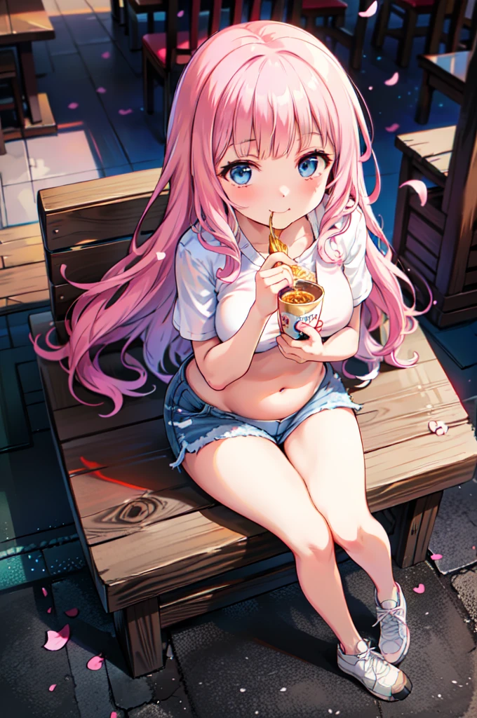 Realistic image, Detailed Images, Consistent image, 1 beautiful girl, She has very long hair, She has a black ribbon in her square bangs., Pink Hair, Bright Blue Eyes, smile, Wink, She is wearing a loose blouse, Showing your belly button, Mini Jeans Shorts, sneakers, She has a curvaceous figure, Big breasts and thick thighs, She is sitting and eating ramen, Sit Sensually, Show me your legs, Arch your back, Surrounded by falling petals, Inside the restaurant, Full body image, View from above, sunset, Twilight, Soft Focus, Dramatic Shadows, Volumetric lighting, Natural light,chika fujiwara