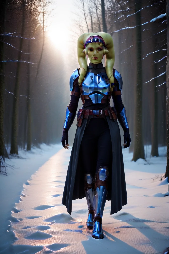 a ((fall body)) ((female twi'lek ))mandalorian,walking on snow, beautiful detailed eyes, beautiful detailed lips, extremely detailed face, long eyelashes, mandalorian armor, sci-fi, cinematic lighting, dramatic, epic, intricate details, hyper-realistic, 8k, high-quality, photorealistic