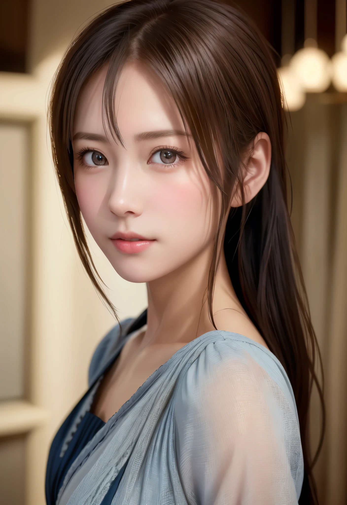 8K, of the highest quality, masutepiece:1.2), (Realistic, Photorealsitic:1.37), of the highest quality, masutepiece, Beautiful young woman, Pensive expression,、A charming、and an inviting look, Cute Maid Clothes, Hair tied back, Cinematic background, Light skin tone