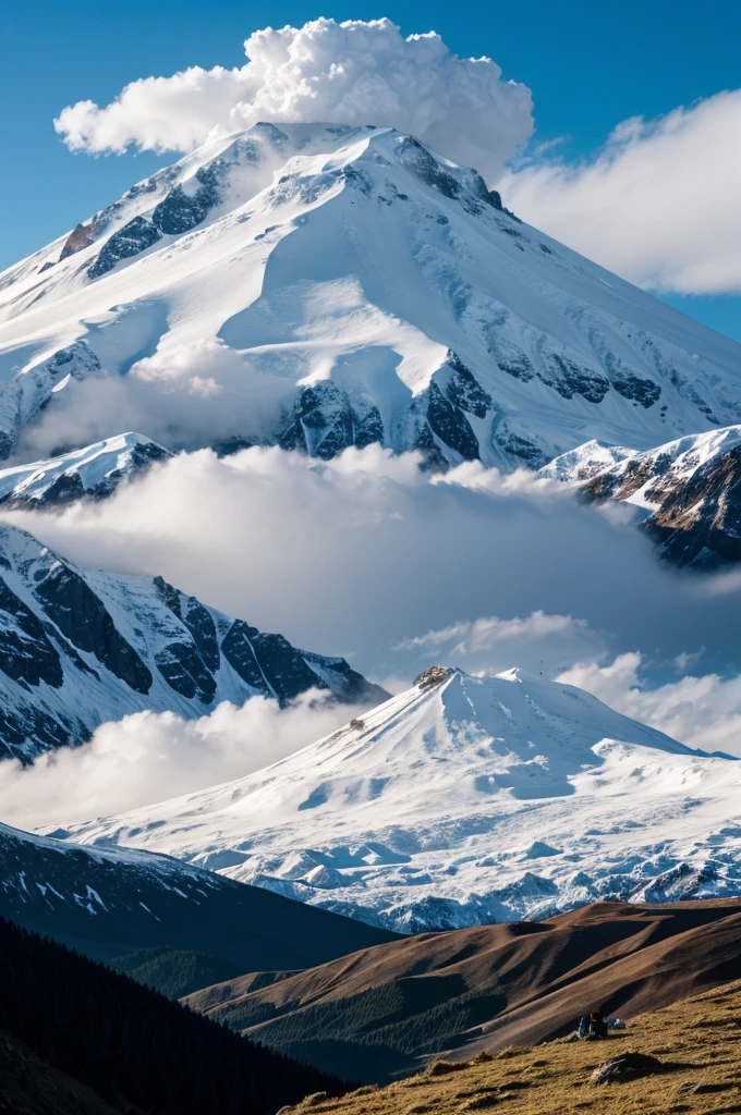 beguiling photograph of a italian-Colombian-Peruvian model on a snowy mountain peak, wrapped in lush fluffy fur, her large breasts and curvaceous figure contrasted against the stark, cold landscape, her green seductive eyes warm and inviting, her pose a paradox of vulnerability and strength.