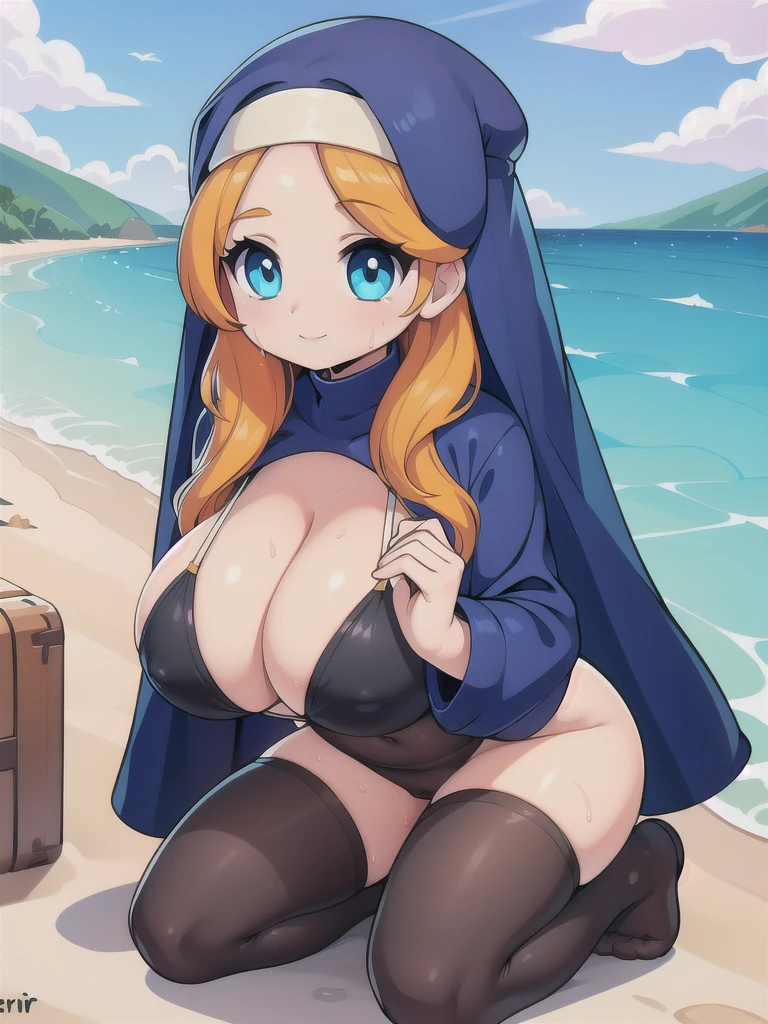 master-piece, bestquality, 1girls,, View viewers from front, HD, slight smile, massive tits, cleavage, under , tights cloth, , tiny body, under tits cleavage, look down, wide hips, on kneels, nun, at beach, wet,