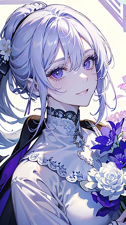 Masterpiece, high quality, Single female, Ethereal, beautiful, portrait, two metres long silver hair, flowy hair, ponytail cascades down the ankles, side bangs, pale skin, violet eyes, vibrant violet eyes, white eyebrows, sweet smile, colorful, violet colors, white colors, wearing a white woman's suit, suit, wearing a white suit outside, military rank insignia, no accessories, The face is smiling, kind, vanilla flower in the background, sunlight, vanilla flower frame, Rich in color, close-up shot, bust photo, NO hands. Look at viewer.