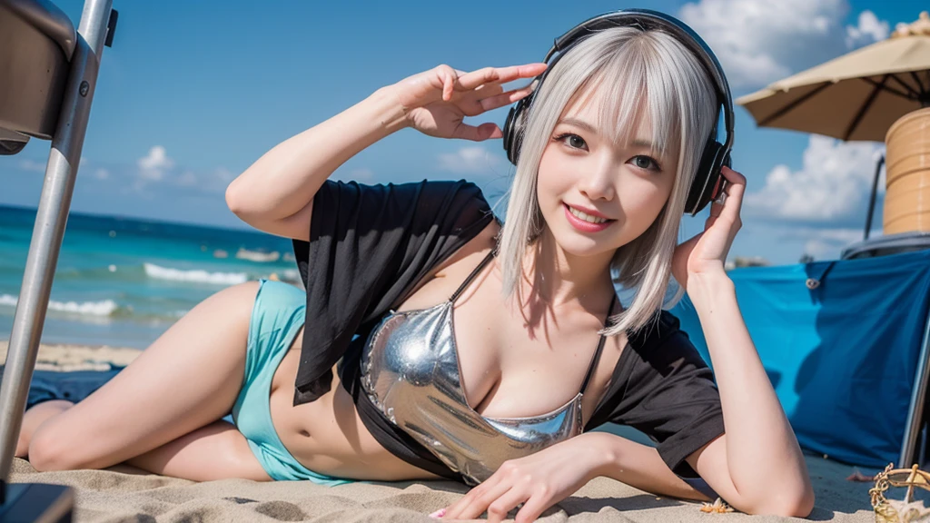 (ultra - detailed, 16K resolution, Cinema lenses, rendering by octane), (high resolution:1.18), intricate detail, (masterpiece:1.1), (highest quality:1.1), (1girl, portrait, white hair, blue eyes, short hair, detailed eyes),Wearing silver DJ headphones, sequined T-shirt, (in the beach:1.5), (Iconic hip-hop pop costumes:1.3), Smile while DJing on stage, DJ studio next to the beach, ((A stylish DJ stage on a hill overlooking the beach)), full body shot, Photorealistic photography by Sunshine, (cute round face:1.3), perfect fingers, five fingers, beautiful hands, perfect hands. master peace, cute smile, Fixhand.