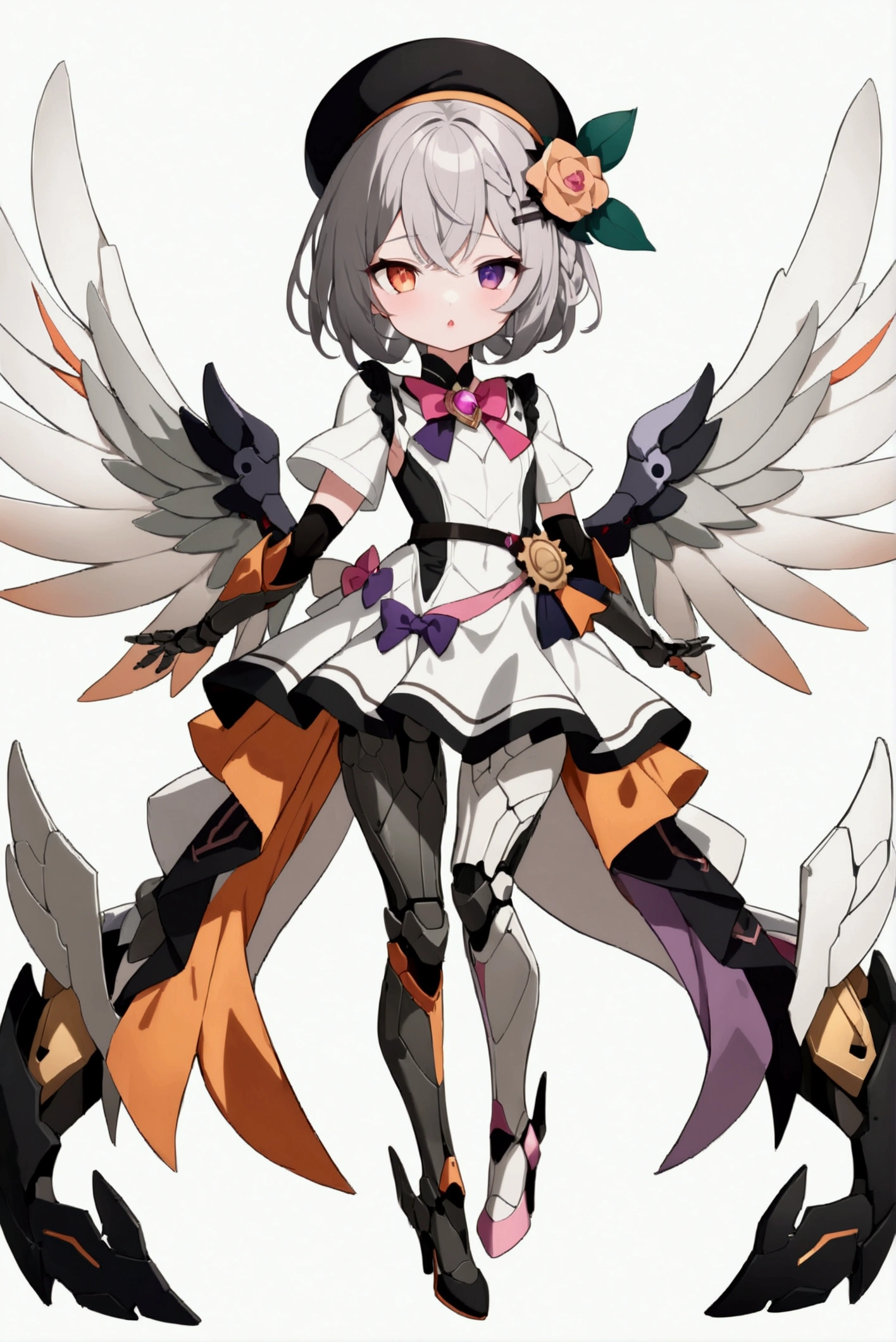 woman 165cm tall, slim build, , charming look, ((heterocromia: look like, derecho naranja y look like izquierdo violeta)), (Shoulder Length Wavy Gray Hair, a short braid on the left side of the hair, big open bangs, golden gear hairpin in hair), (((complex mechanical legs up to the hip, The legs are black with gray parts with small pink details))), (((complex mechanical arms up to the elbows, The arms are black with gray parts with small pink details))), (complex white mechanical angel wings with pastel green parts), (elegant black French beret with an orange rose ribbon), (elegant thigh-length one-piece dress, short bell skirt with small gear details, short sleeves, elegant black hip belt with orange parts, small rose brooch in the middle of the bust, beautiful mechanical stiletto heels), (((character design sheet: Front view))), (((Whole body))), extremely detailed beautiful hair, beautiful detailed dress, extremely detailed arms, extremely detailed face, (Extremely detailed hands), perfect hands, small face, hermosos look likes detallados, beautiful detailed lips, adorable, extremely detailed legs, (Best Quality, 8k, ultra resolution), ultra detailed, Exquisite and epic character art, ((Pastel yellow background)), (Focus on symmetry), (extremely detailed wings).