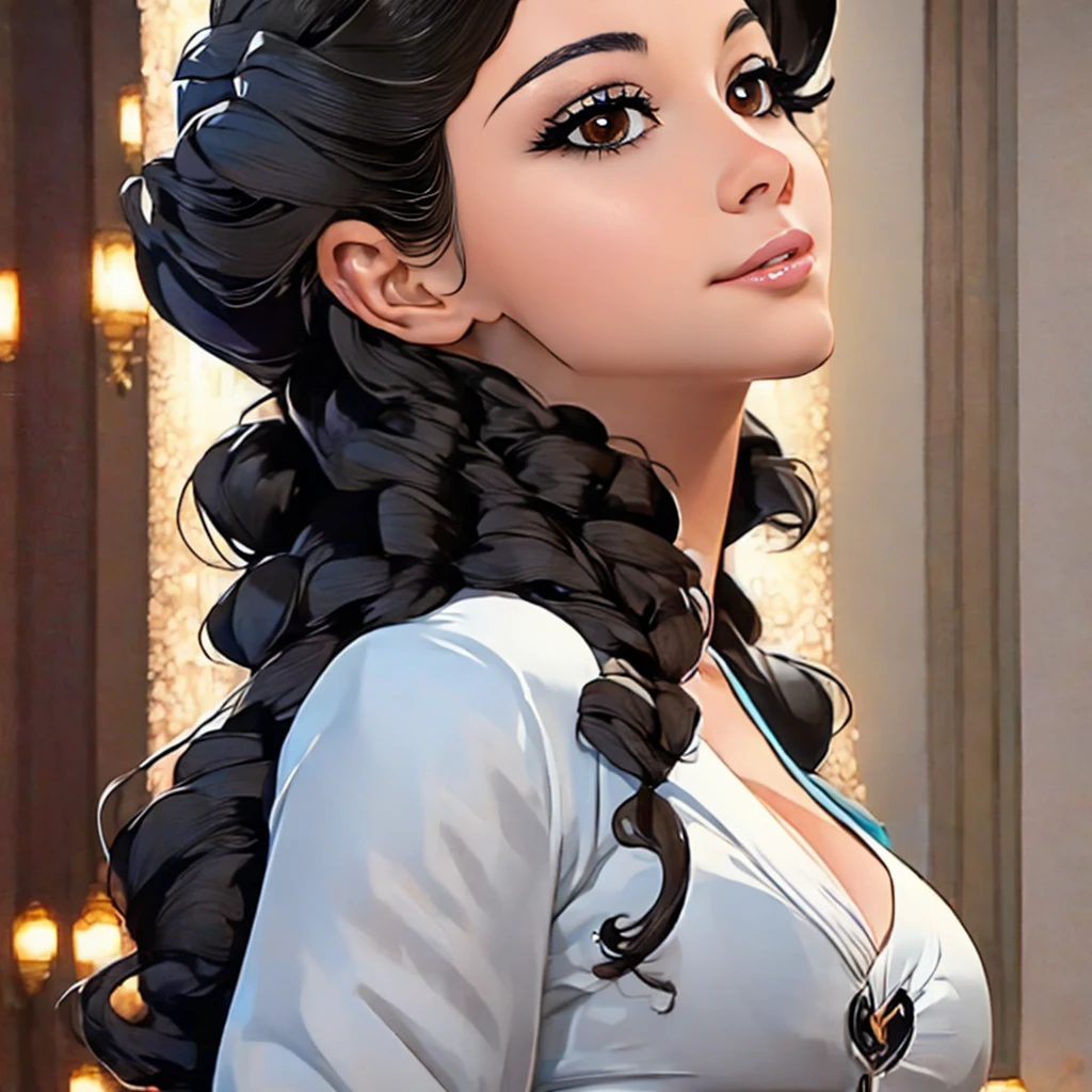 best quality, masterpiece, black hair, brown eyes, looking up, upper body