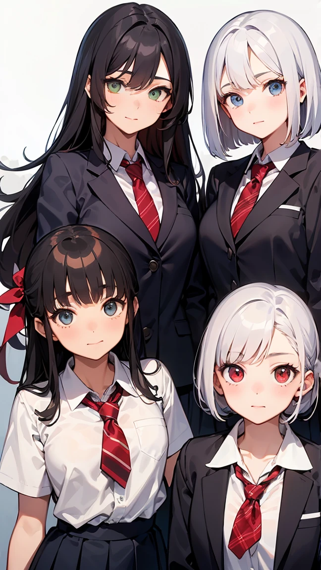 "Three  girls. The first has long yellow hair and green eyes.. The second has white Bob hair and blue eyes. The third has long red hair and red eyes.. The three are standing, wearing school uniforms. The background is a high school."