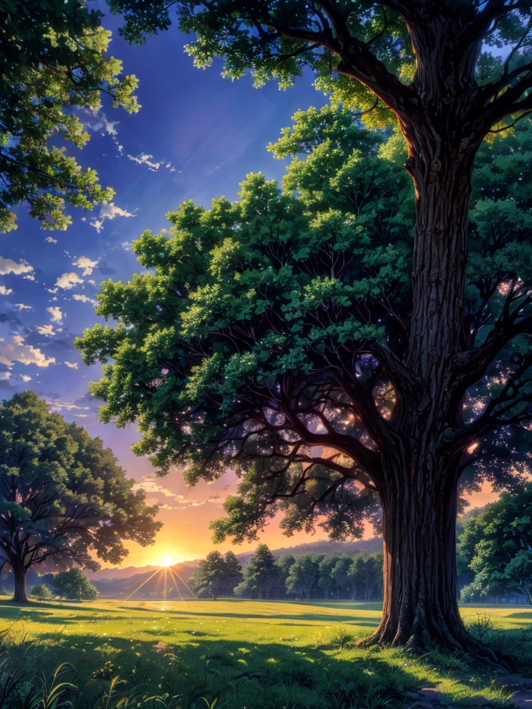 A magnificent, sprawling oak tree stands tall and proud in the center of a serene, sunlit meadow. The golden rays of the setting sun filter through its lush, green leaves, casting a warm, ethereal glow across the scene. The sky is a vivid mix of deep blue and soft orange hues, adorned with wispy, cotton-candy clouds catching the last light of day. The tree's massive, gnarled branches reach out like ancient, protective arms, with some leaves gently rustling in the soft breeze. The ground beneath is a mosaic of smooth rocks and patches of vibrant wildflowers in shades of pink, yellow, and purple. The atmosphere is tranquil and inviting, evoking a sense of peace and connection with nature. In the distance, rolling hills and dense clusters of trees add depth to the landscape, enhancing the feeling of being in a secluded, enchanted haven(far angle view)