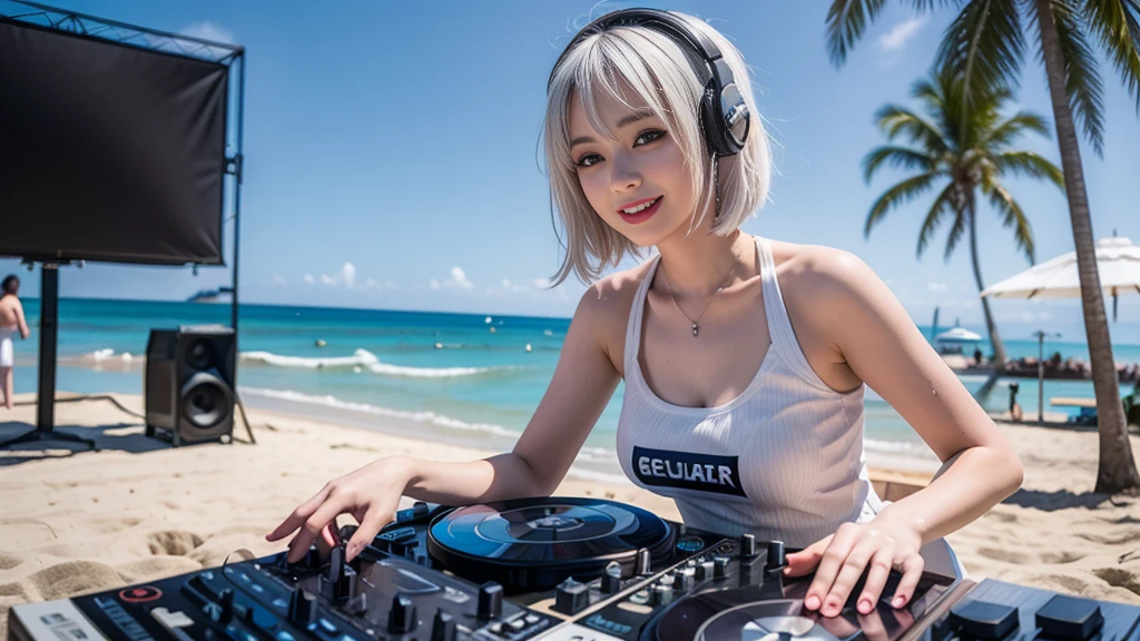 (ultra - detailed, 16K resolution, Cinema lenses, rendering by octane), (high resolution:1.18), intricate detail, (masterpiece:1.1), (highest quality:1.1), (1girl, portrait, white hair, blue eyes, short hair, detailed eyes),Wearing silver DJ headphones, sequined T-shirt, (in the beach:1.5), (Iconic hip-hop pop costumes:1.3), Smile while DJing on stage, DJ studio next to the beach, ((A stylish DJ stage on a hill overlooking the beach)), full body shot, Photorealistic photography by Sunshine, (cute round face:1.3), perfect fingers, five fingers, beautiful hands, perfect hands. master peace, cute smile, Fixhand.
