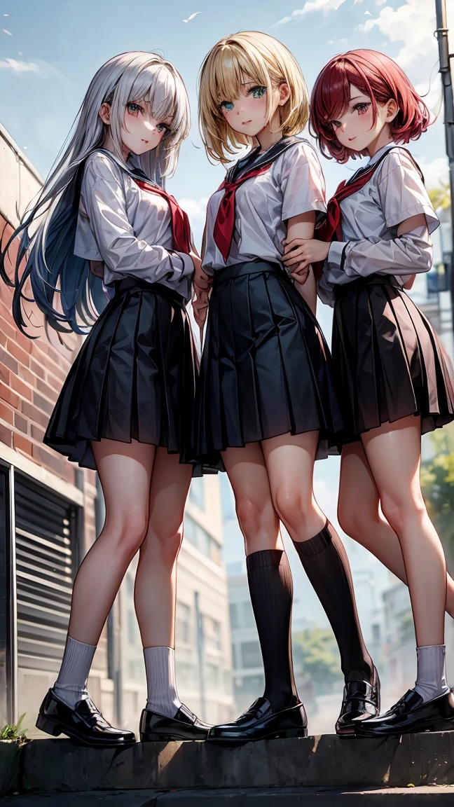 "Three girls. The first has long yellow hair and green eyes.. The second has white Bob hair and blue eyes. The third has long red hair and red eyes.. The three are standing, wearing school uniforms. The background is a high school."