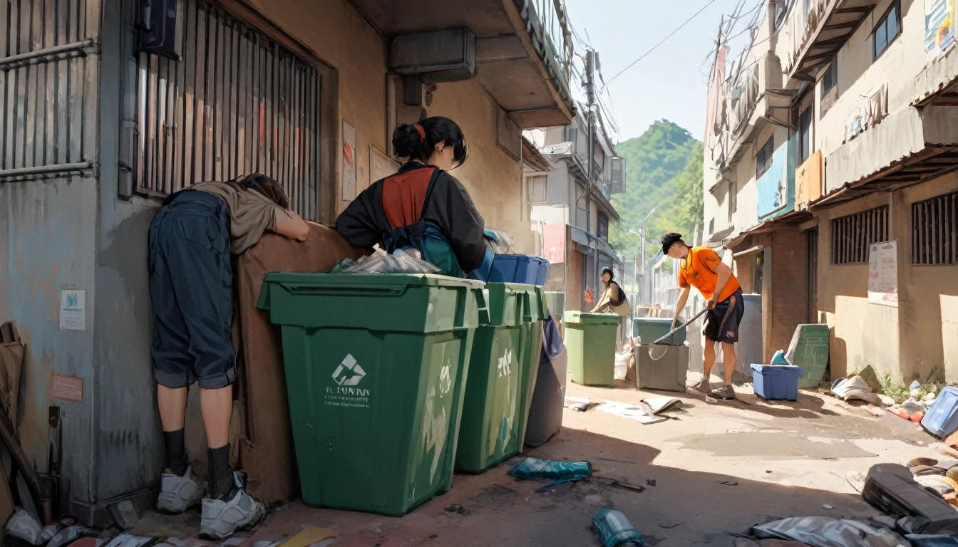 masterpiece, Highest quality, View your viewers,
Young men and women in their 20s placing solid waste containers in various locations.Volunteer Activities、A Kind World