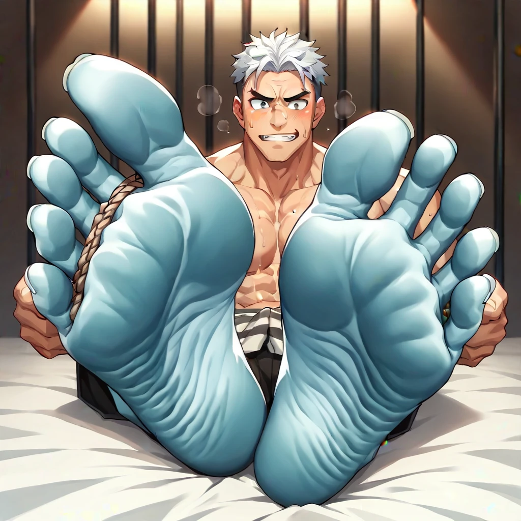 ，，Handsome muscular，Shirtless，Baldhead英俊男人微笑着双手背在背后，Feet tied to fallen logs，Wearing black and white striped clothes，Tickle the ribs，Feet tickled by hands prison background，Foot Focus，prisoner，Sweating on the soles of the feet，Baldhead