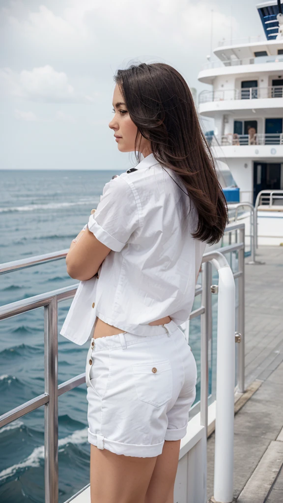 woman standing near by sea port, white shirt with buttons, black short pants, open sea, modern cruise ship, hair blowout,