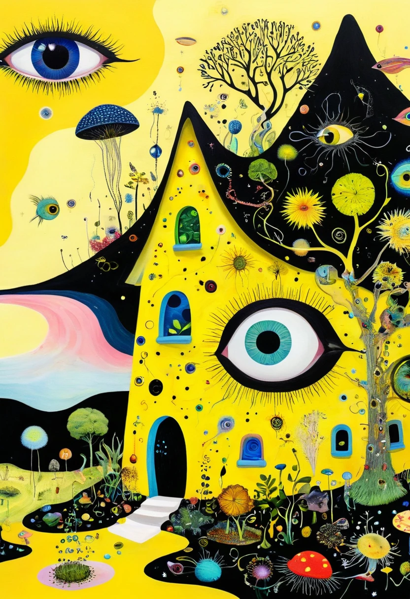 Intense visual fusion of various elements,broto,microorganism、plantar、house、Eye、wild animal life,Stitching an abstract painting,Describing the inner world of autistic people,Sense of space,blank space,interesting,innocence,psychedelic art,yellow and black,3d