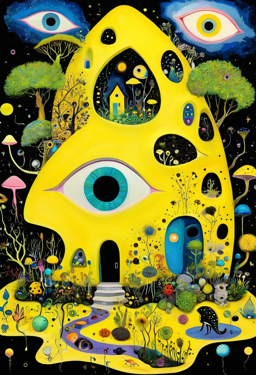 Intense visual fusion of various elements，broto，microorganism、plantar、house、Eye、wild animal life，Stitching an abstract painting，Describing the inner world of autistic people，Sense of space，blank space，interesting，innocence，psychedelic art，yellow and black,3d