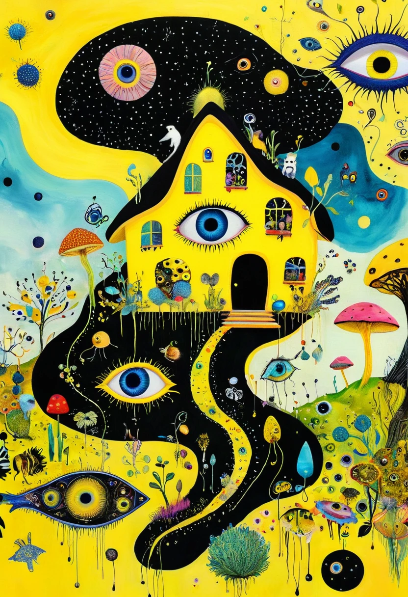 Intense visual fusion of various elements，broto，microorganism、plantar、house、Eye、wild animal life，Stitching an abstract painting，Describing the inner world of autistic people，Sense of space，blank space，interesting，innocence，psychedelic art，yellow and black,3d