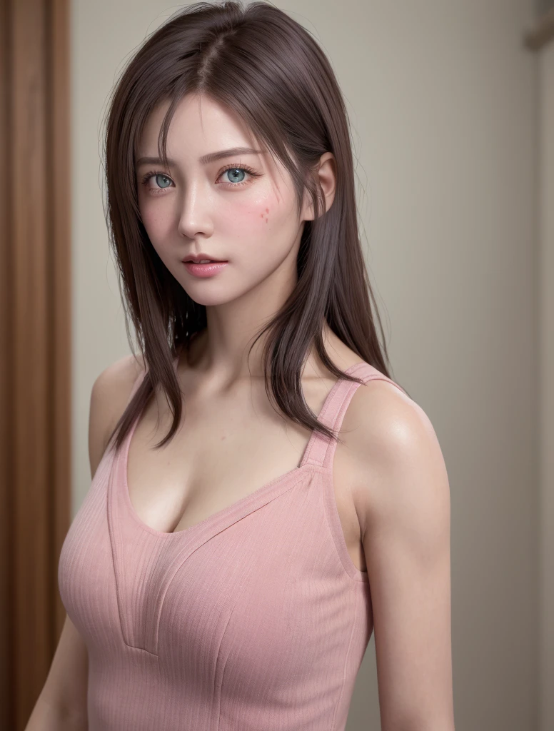 8K, Best Quality, masutepiece, Ultra High Resolution, (Realism: 1.4), Original photo, (Realistic skin texture: 1.3), (Film grain: 1.3), (Selfie angle), 1 girl, Pink clothes, Sapphire colored eyes and beautiful facial details, masutepiece, Best Quality, close-up, Upper body top quality image quality pull-up