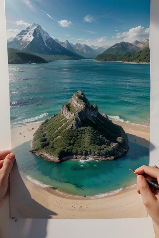 create a drawing of a mountain, sea, children.