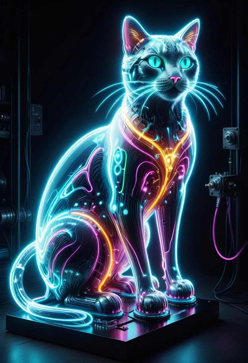 (Mechanical Giant Cat:1.5), (Mythical Machinery), (Mechanobiology), ethereal, phantom, transparent, bioluminescence, Divine Light, fluorescence, charming, mysterious, bright colors, Detailed details, lifelike, Epic technological fantasy, epic surrealism, Epic future fantasy, bright colors, arrstyle, Giant Cat Appears in Neon District, (masterpiece:1.2), best quality, high quality, ultra high res, (hyper detailed), absurdres, absolutely resolution,