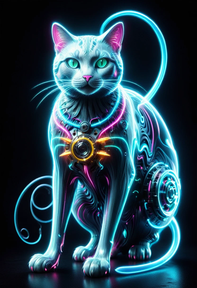(Mechanical Giant Cat:1.5), (Mythical Machinery), (Mechanobiology), ethereal, phantom, transparent, bioluminescence, Divine Light, fluorescence, charming, mysterious, bright colors, Detailed details, lifelike, Epic technological fantasy, epic surrealism, Epic future fantasy, bright colors, arrstyle, Giant Cat Appears in Neon District, (masterpiece:1.2), best quality, high quality, ultra high res, (hyper detailed), absurdres, absolutely resolution,