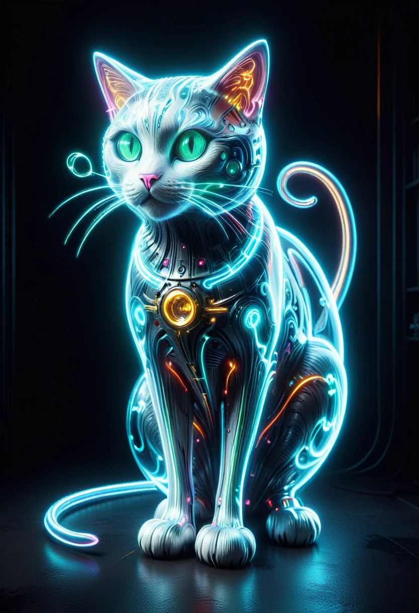 (Mechanical Giant Cat:1.5), (Mythical Machinery), (Mechanobiology), ethereal, phantom, transparent, bioluminescence, Divine Light, fluorescence, charming, mysterious, bright colors, Detailed details, lifelike, Epic technological fantasy, epic surrealism, Epic future fantasy, bright colors, arrstyle, Giant Cat Appears in Neon District, (masterpiece:1.2), best quality, high quality, ultra high res, (hyper detailed), absurdres, absolutely resolution,