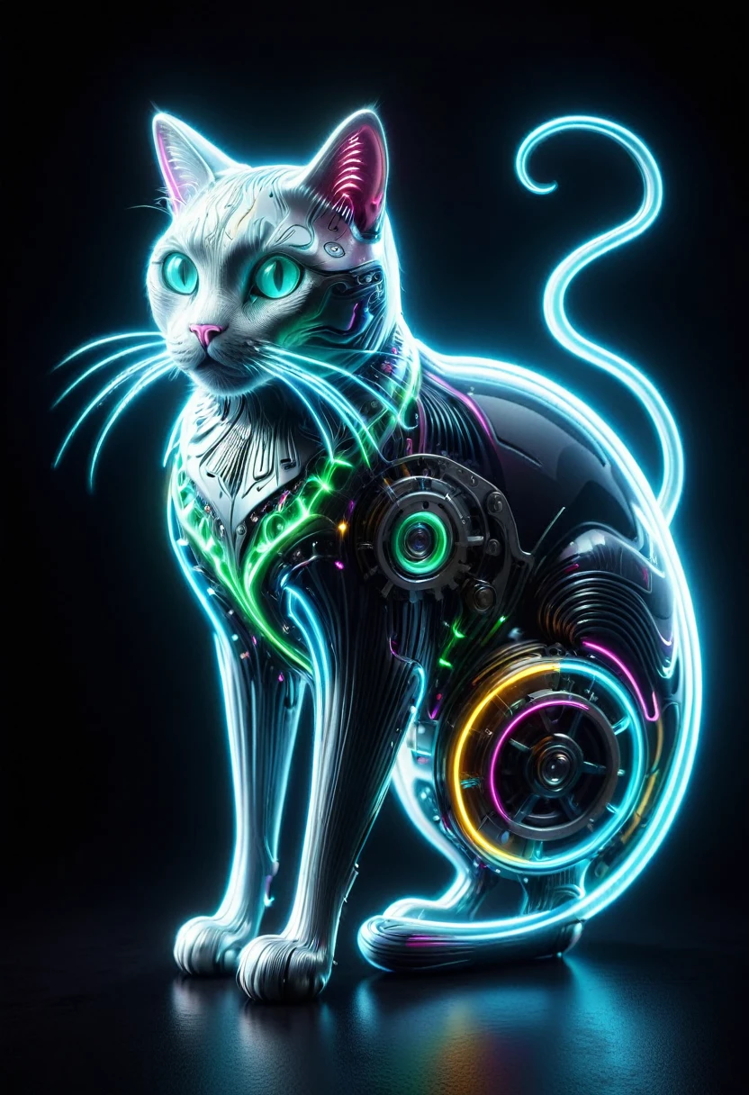 (Mechanical Giant Cat:1.5), (Mythical Machinery), (Mechanobiology), ethereal, phantom, transparent, bioluminescence, Divine Light, fluorescence, charming, mysterious, bright colors, Detailed details, lifelike, Epic technological fantasy, epic surrealism, Epic future fantasy, bright colors, arrstyle, Giant Cat Appears in Neon District, (masterpiece:1.2), best quality, high quality, ultra high res, (hyper detailed), absurdres, absolutely resolution,