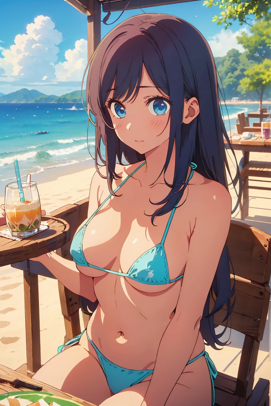 (Highest quality:1.4、masterpiece:1.4、Super detailed:1.4、8k:1.4)、((((1 person、Surprised expression、sit、Cafe Terrace、coastal、juice、table、Sandy Beach、juiceのグラスを持つ、Micro Bikini、Very soft 、Big eyes、Very cute face))))、(big Areolas protrude from micro bikini:1.4)、F cup bust、Medium breast、Underboob