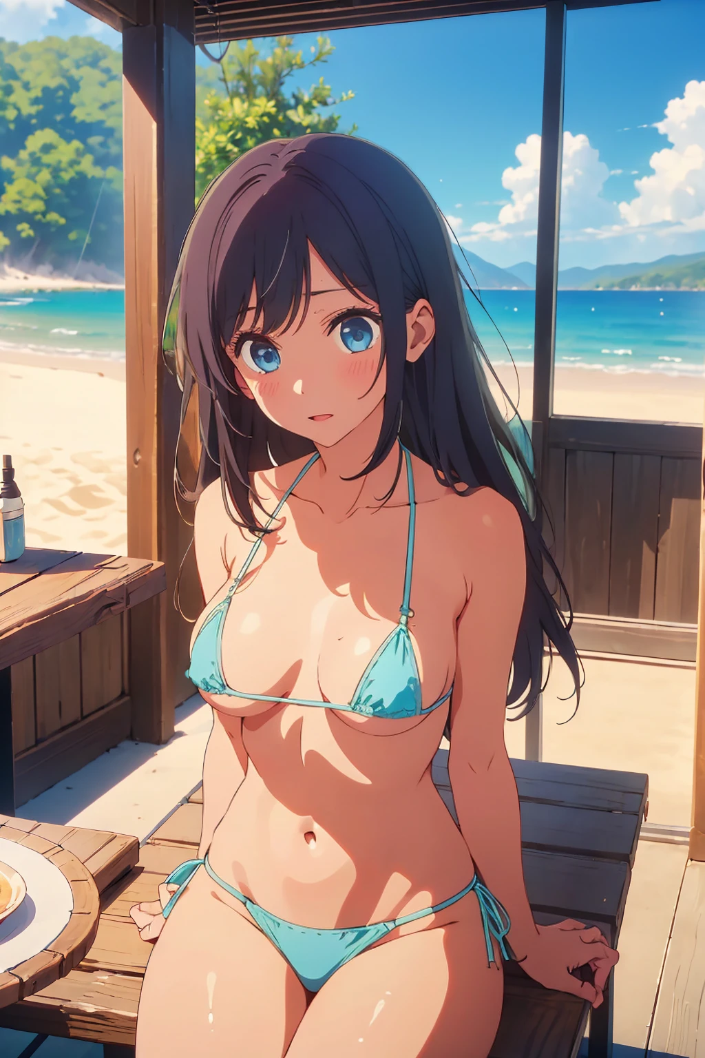 (Highest quality:1.4、masterpiece:1.4、Super detailed:1.4、8k:1.4)、((((1 person、Surprised expression、sit、Cafe Terrace、coastal、juice、table、Sandy Beach、juiceのグラスを持つ、Micro Bikini、Very soft 、Big eyes、Very cute face))))、(big Areolas protrude from micro bikini:1.4)、F cup bust、Medium breast、Underboob