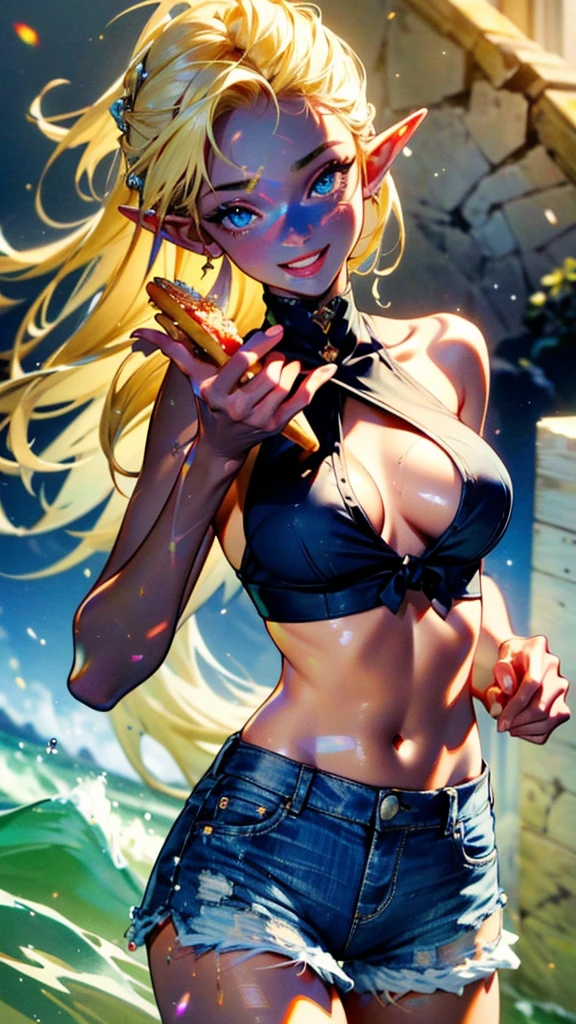 work of art, epic details, ultra detaild, best resolution, Woman, blonde, (BEAUTIFUL ELF), tied up hair, ((rosto angelical)), sculptural body, wearing denim shorts and a white tank top, ((perfect hands))), ((expression of happiness)), (Grinning), great smile, Simple smile, Scenario: a snack bar, supper: eating a hamburger, no mistakes, (((epic details na face))), (((ultra perfect eyes))), recatada