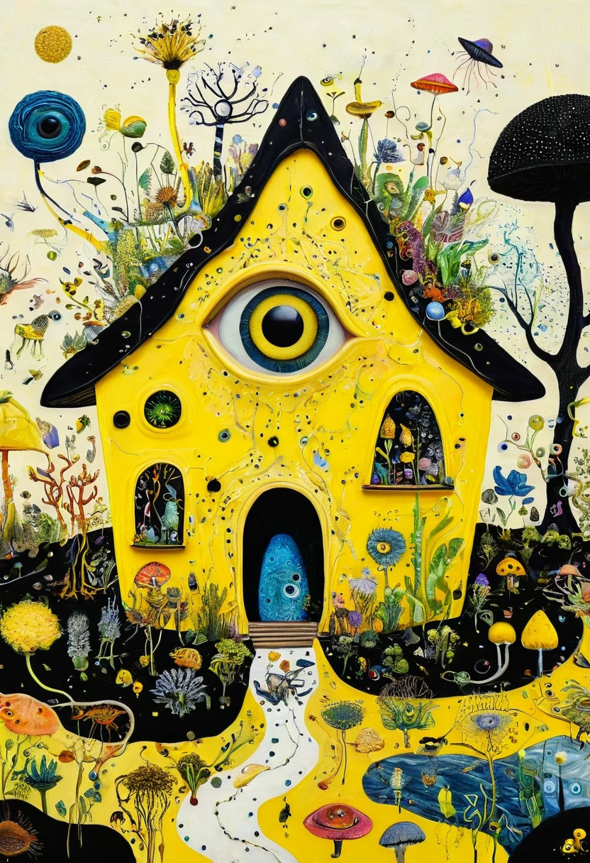 Intense visual fusion of various elements,broto,microorganism、plantar、house、Eye、wild animal life,Stitching an abstract painting,Describing the inner world of autistic people,Sense of space,blank space,interesting,innocence,psychedelic art,yellow and black,3d