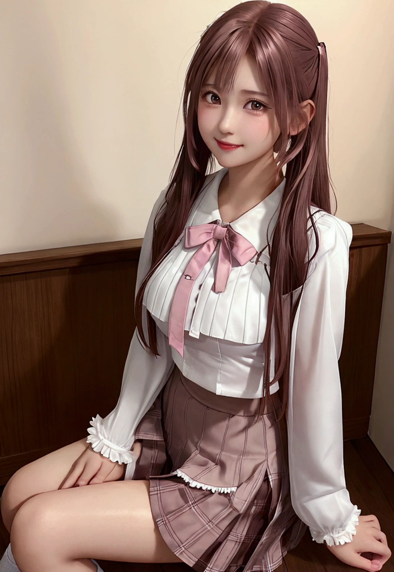 Highest quality,girl,high school girl,uniform,White blouse,White shirt,Pleated skirt,Knee-high,Brown and pink hair,Pink mesh hair,Brown eyes,cute,Sitting,Medium Hair,smile,Twin tails,