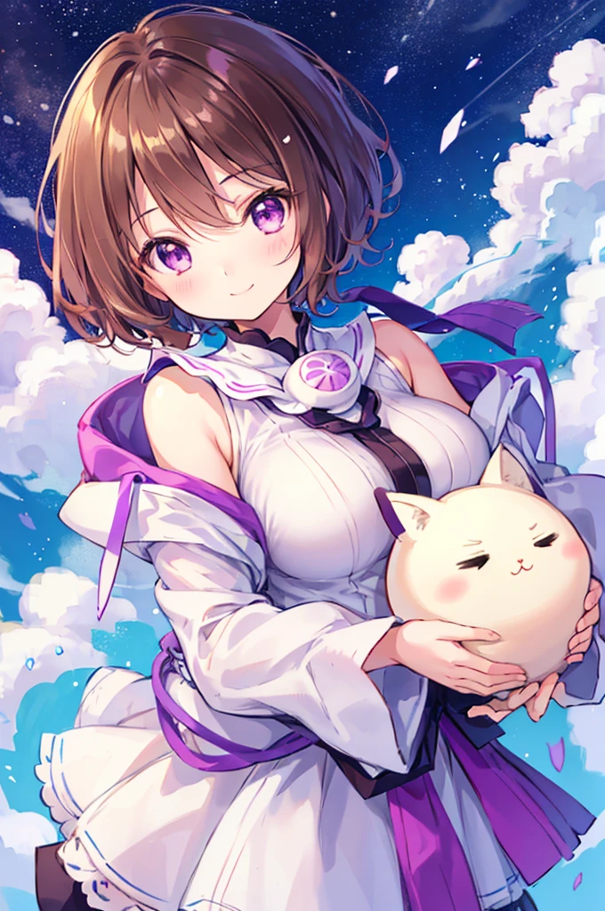 Mofumofu、Oxytocin、(最high quality), (Round face: 1), 1 girl, (Skin with attention to detail: 1.2), (Puffy eyes), smile, Soft lighting, high quality, Short Hair,Purple eyes、Brown Hair、 Super huge 、