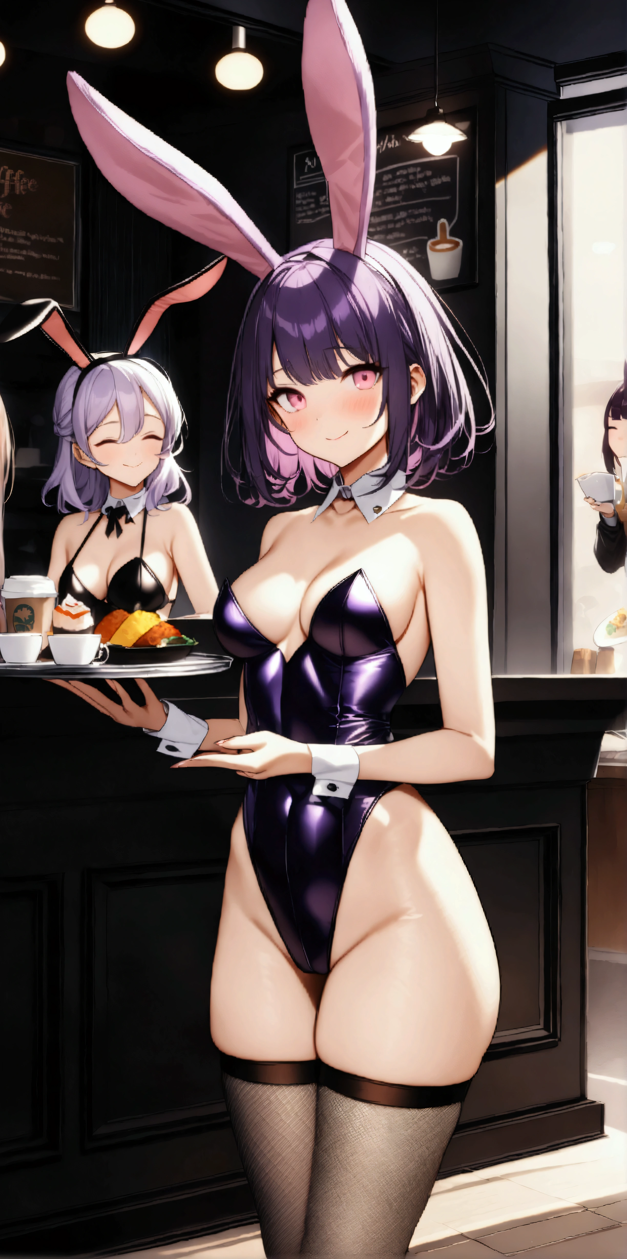 cute face, ideal ratio body proportions, curvy, blush, medium hair, (purple hair), (pink eyes), (medium breasts), (((3 girls))), ((Bunny ears)), (((purple Bunny girls))), ((Fishnet tights)), (Closed your eyes), ((Closed your mouth)), smile, (((Hold the tray))), (((multi foods))), (((A coffee shop with many customers))), ((32k)), ((best quality)), ((ultra high res)), ((HDR)), ((UHD)), ((extremely detailed CG)), ((unity 32k wallpaper)), ((perfect anatomy)), ((from front)),