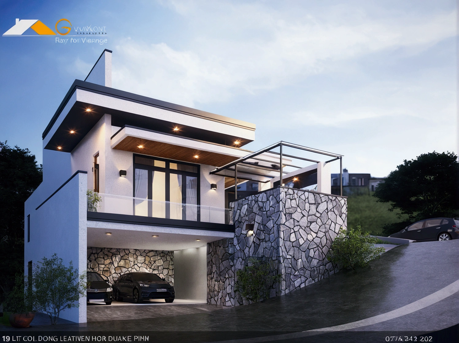 arafed view of a modern house with a car parked in front, concept house, contemporary house, 3 d vray render, vray render, v - ray render, v-ray render, very realistic render, render vray, realistic render, lumion render, render in vray, very realistic 3 d render, vray rendering
