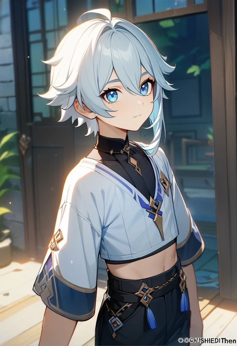 1 male, short hair, white hair, blue eyes, young teenager, xiao (genshin impact) outfit, (best quality,4k,highres,masterpiece:1.2)