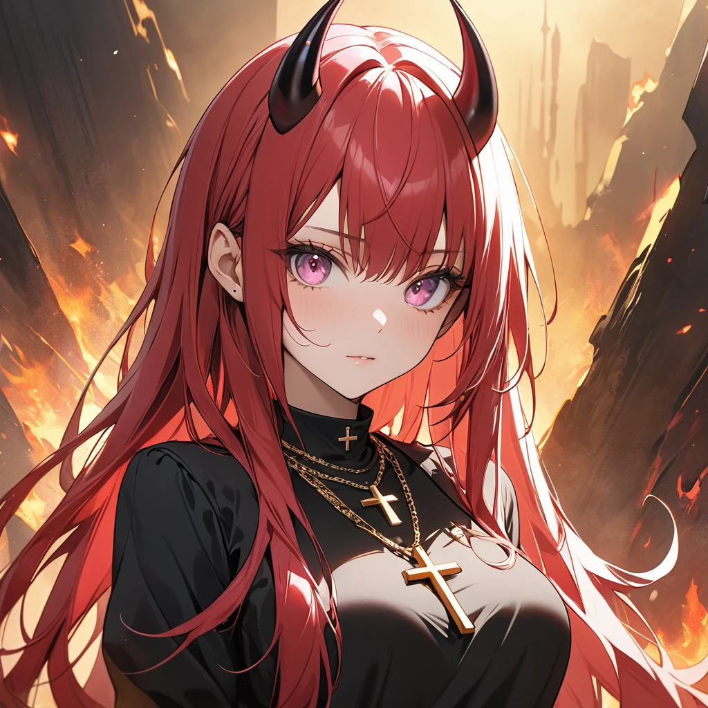 4K, 8K, masterpiece, highest quality, upper body view, 1 girl, looking at the viewer, red hair, long hair, pink eyes, small black devil horns, black and gold clothes, gold cross necklace, hell background, It's dim, The age of the actress is 23 years, standing pose, more head view