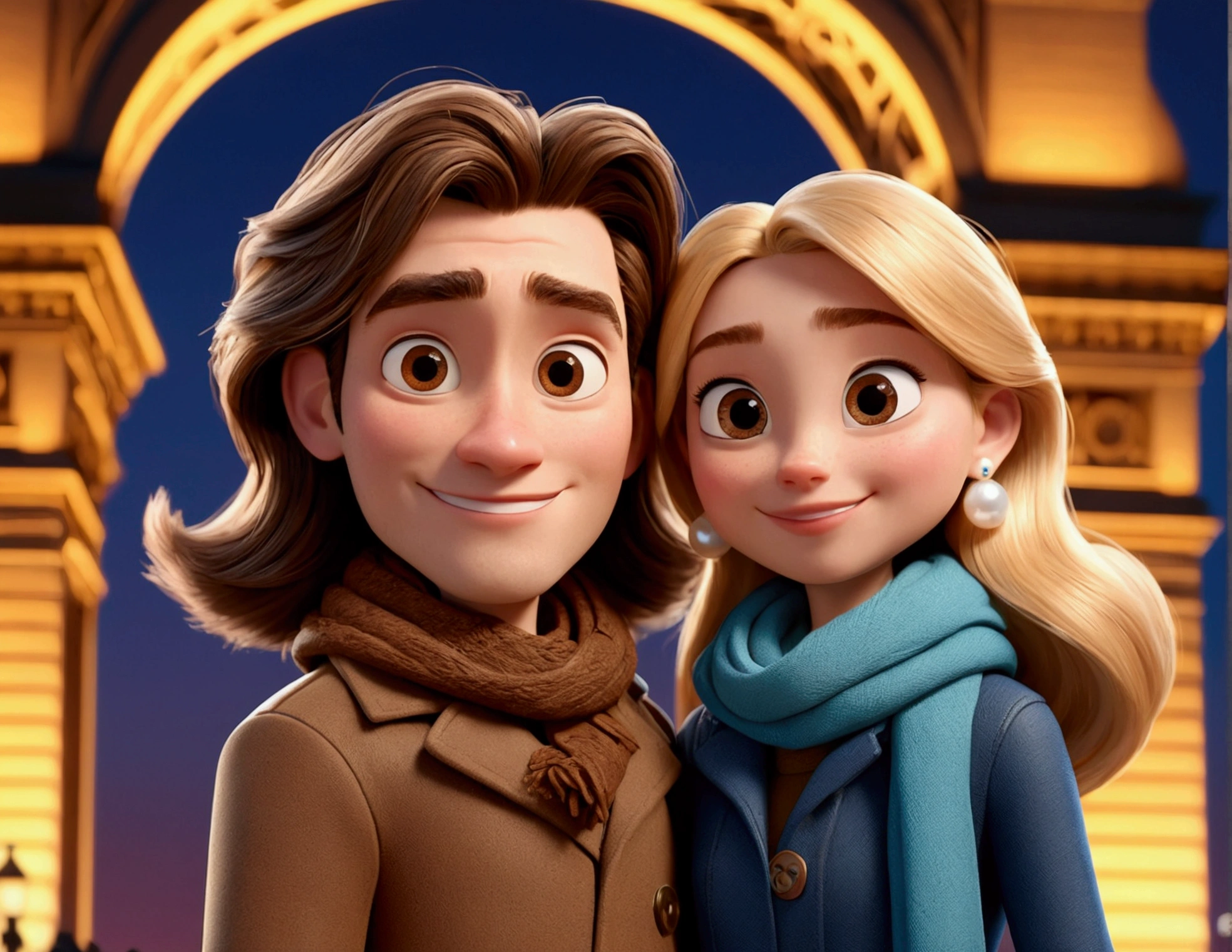 Cartoon character of a tall man 29 years old, smiling in brown coat animation character, hugging woman with long blonde hair, earring and pearl, small in stature, smiling in brown coat and scarf, in front of the Arc de Triomphe in Paris at dusk. stylized character, animation style rendering, 3d stylized, Arnold Maya rendering, Stylized 3D rendering, toon render screenshot, 3d character, 3d character, Stylized 3D rendering, 3D character rendering, cartoon character, Personagem de close up, showing half body, photo orientation horizontally (Pixar-style) (master part:1.2) (bokeh) (best qualityer) (skin detailed) (detailed texture) (8k) (Argilla) (cinematic lighting) (sharp focus