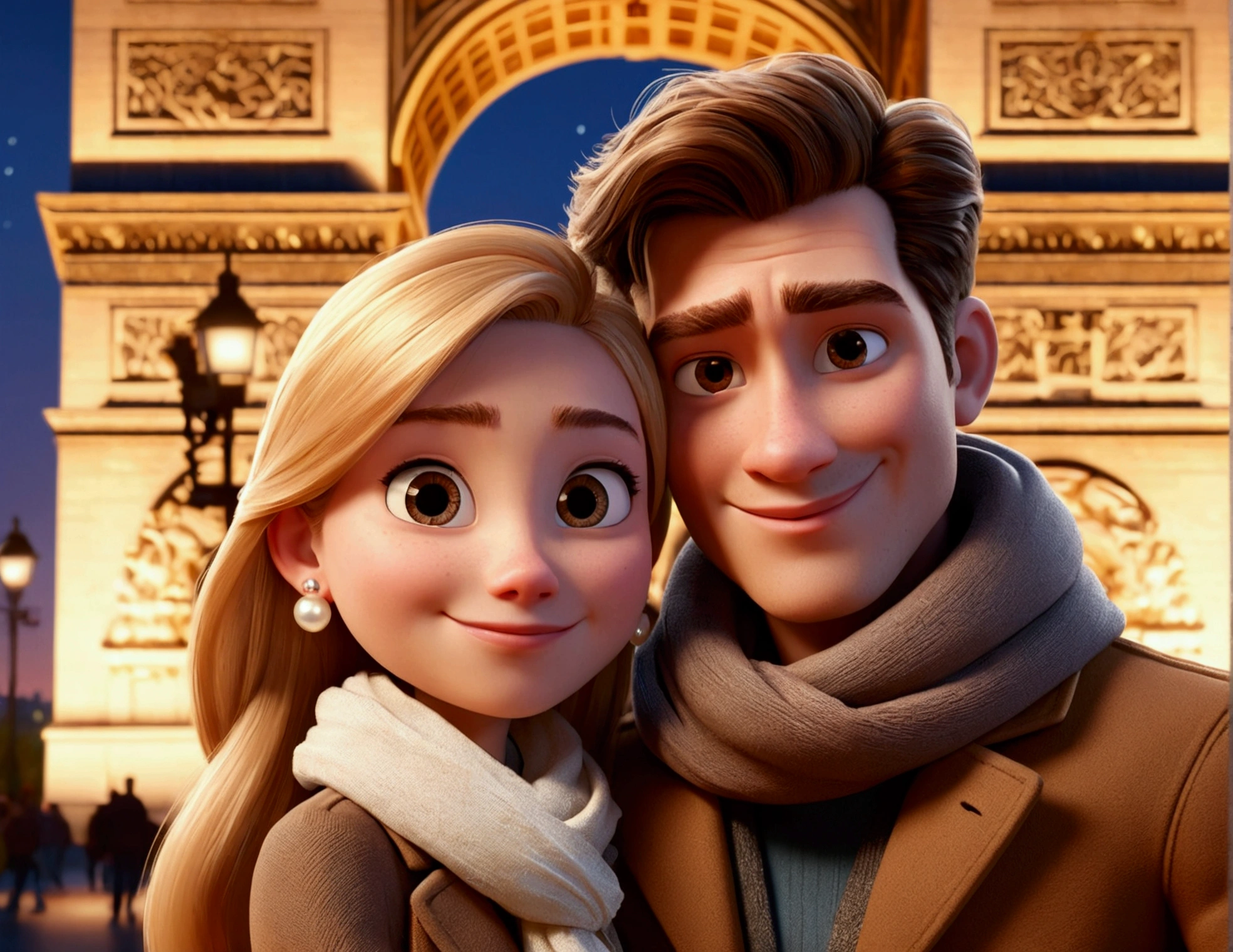 Cartoon character of a tall man 29 years old, smiling in brown coat animation character, hugging woman with long blonde hair, earring and pearl, small in stature, smiling in brown coat and scarf, in front of the Arc de Triomphe in Paris at dusk. stylized character, animation style rendering, 3d stylized, Arnold Maya rendering, Stylized 3D rendering, toon render screenshot, 3d character, 3d character, Stylized 3D rendering, 3D character rendering, cartoon character, Personagem de close up, showing half body, photo orientation horizontally (Pixar-style) (master part:1.2) (bokeh) (best qualityer) (skin detailed) (detailed texture) (8k) (Argilla) (cinematic lighting) (sharp focus
