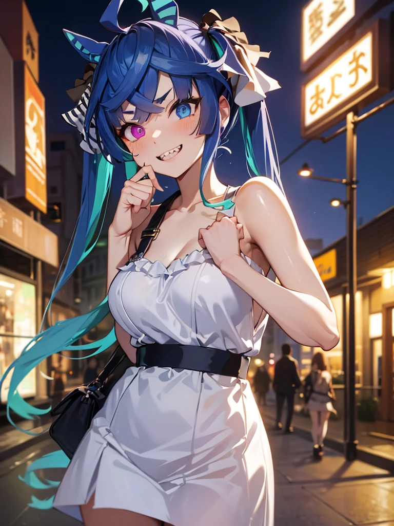 (Masterpiece, best quality, high res、highly detailed cg: 1), A foreign land where the language is not understood, a prostitute inviting with body language, both not understanding each other's words but the intentions are clear, she is using gestures and expressions, street at night, subtle lighting, exotic atmosphere. Twin_Turbo_Umamusume, aqua hair, twintails, heterochromia, purple eyes, blue eyes, sharp teeth,hores tails, nsfw