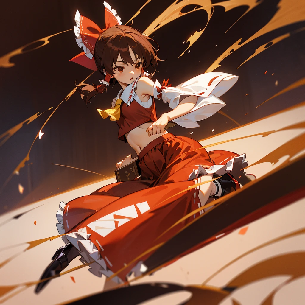reimu hakurei, (brown eyes:1.5), gold hair, bow, hair bow, hair tubes, long hair, red bow, sidelocks, ascot, bare shoulders, black footwear, detached sleeves, embellished costume, frills, japanese clothes, nontraditional miko, red skirt, belly