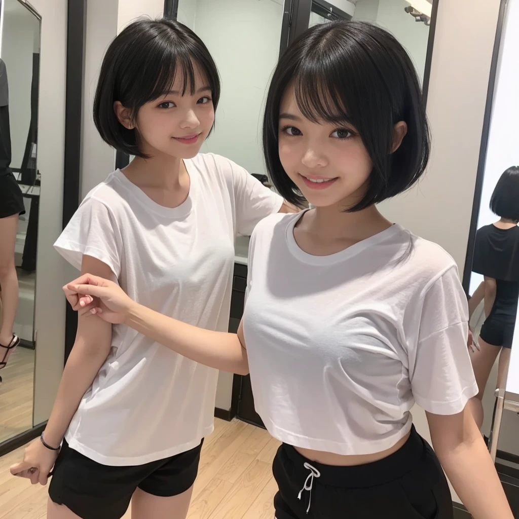 ((One person))、One personの女の子、Black hair(Bob Hair)、smile、beautiful girl、Dance Studio、White T-shirt、Black shorts、dance