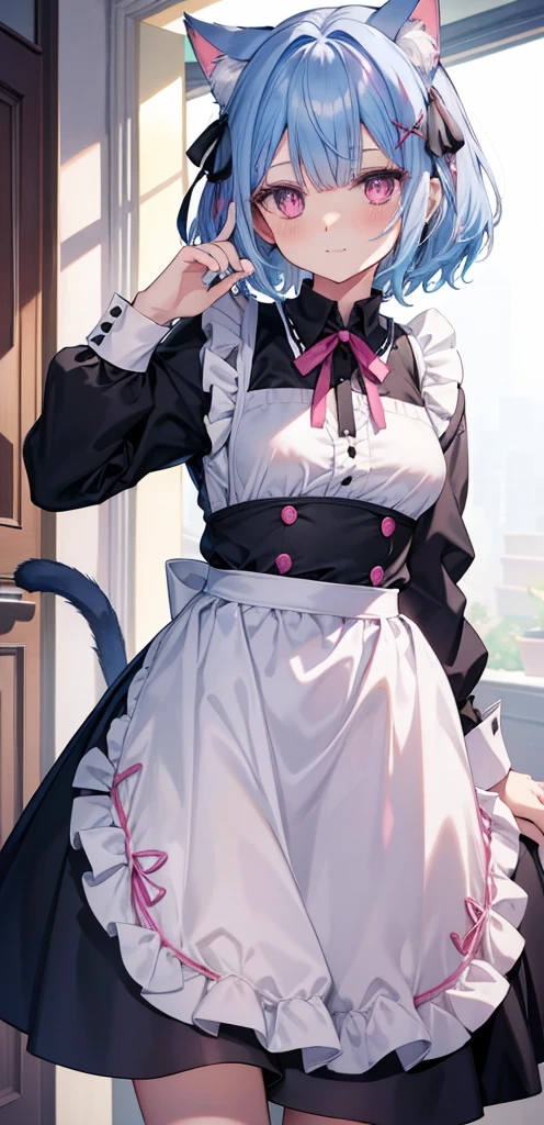 Againm \(Again:zero\), One girl, alone, bAgainasts, View your viewers, blush, smile, short hair, Open your mouth, bangs, meisium bAgainasts, hair ornaments, isAgainss, ribbon, Animal ears, Nipples, Blue Hair, hair ribbon, :is, heart, Frills, isetacheis sleeves, teeth, Cat ear, Pink Eyes, Hair on one eye, apron, black isAgainss, maiis, symbol-shapeis pupils, maiis heaisisAgainss, black ribbon, heart-shapeis pupils, frilleis isAgainss, bAgainasts out, x hair ornaments, waist apron, white apron, pink ribbon, roswaal mansion maiis uniform, inisoors