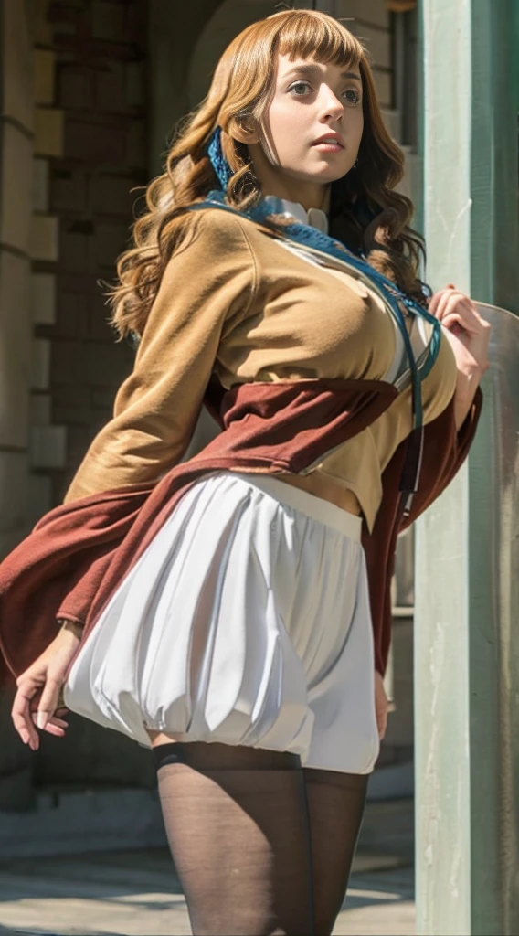 Highest quality、Highest quality、16k quality、Highly detailed figure、Highly detailed face、Highly detailed eyes、Highly detailed nose、Highly detailed facial expressions、Highly detailed costume、Highly detailed hourglass shape、Highly detailed feet、Highly detailed thighs、Being in reality、、Mimosa Vermillion、main character、Brown Hair、White long sleeve knitted clothing、You can see the shape of the chest、服の上からYou can see the shape of the chest、Light brown robe、Magic Knights Emblem、Her breasts are visible through the gap in her robe.、Close to the skinする服、Brown leather belly band、White knit shorts、Emphasizes the shape of the chest、Brown leather long socks、Her thighs are visible between her shorts and tights、You can see the shape of the chest、G cup bust size、Big Breasts、Close to the skin、Tight、Full body photo、Are standing、Emphasizes the beauty of thigh muscles、Full body photo、Front view、